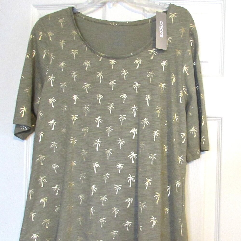 NWT Women's CHICO'S Cotton Slub Palm Print Knit Top  Size 2 (12 - 14)